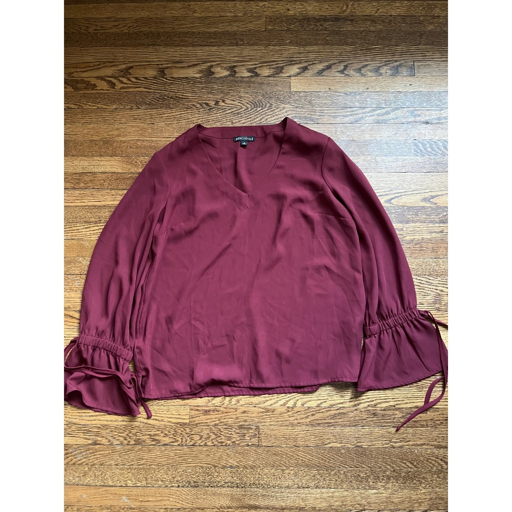 J.Crew Mercantile Womens Burgundy V-Neck Blouse Tie Ruffle Cuff Top Size 4